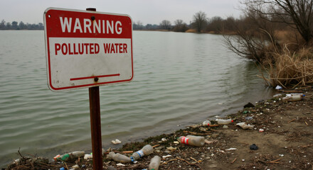 Warning sign for polluted water beside contaminated lake shore with plastic bottles and trash. Environmental hazard notification for public safety awareness, water protection advocacy