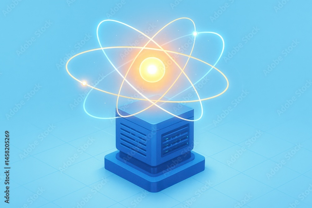 Poster abstract atom model above a blue server represents data science innovation and technology progress