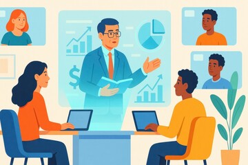 Online Business Meeting Diverse Team Listens to Virtual Presentation with Financial Charts