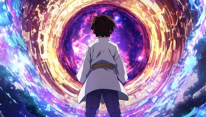 Anime character standing before a portal of cosmic energy ready to explore dimensions