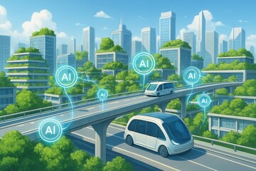 Futuristic Green City with AI Powered Self Driving Vehicles on Elevated Highway