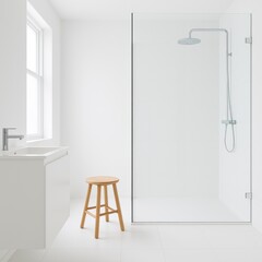 Modern minimalist bathroom interior design featuring a walk in shower with glass enclosure and a light wooden stool