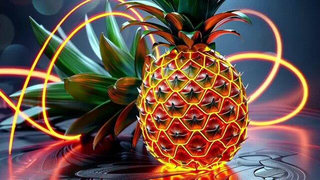 A pineapple with a rich texture is illuminated by bright light trails, set against a dark wooden background, enhancing its colorful appearance and uniqueness.