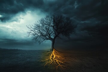 symbolic tree showing life and death, one side alive and one side dry, dramatic lighting, moody landscape