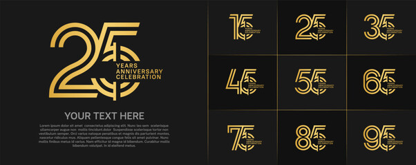 Anniversary logo type set with double line number. golden color for celebration event