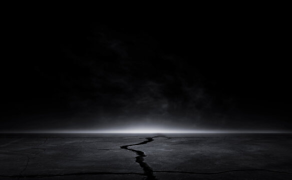 3D Rendering Abstract crack asphalt light in a dark empty street lightning.