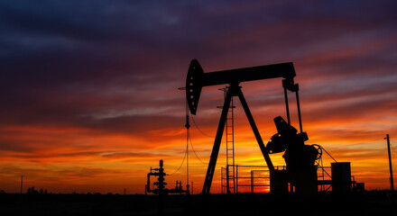 Oil pump jack silhouette against dramatic sunset sky with vibrant orange colors. Energy industry infrastructure supplying fossil fuel resources for global transportation and power generation needs