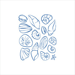 Naklejka premium Premade summer poster with hand drawn sea elements in minimalist blue and white style for beach decor and kids room wall art