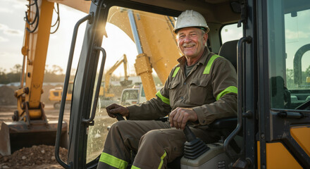 Construction equipment operator in safety helmet and reflective uniform sitting inside excavator cab on active worksite. Heavy machinery operation supporting site development