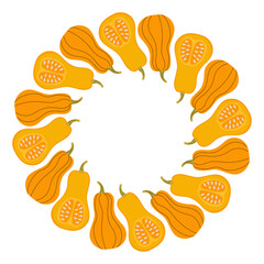 Round frame of pumpkins on a white background. Food illustration, healthy eating
