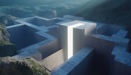 Industrial maze design with locked exits surreal landscape digital artwork atmospheric environment aerial view conceptual symbolism