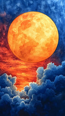 Obraz premium A vibrant, oversized moon dominates a fiery, cloud-filled sunset sky. Warm oranges and deep blues create a dramatic contrast