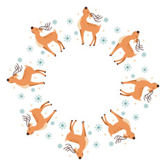 Christmas deer with snowflakes in flat style. Christmas decorative round frame. Round frame for invitation, card, cover, Christmas, New Year. Space for text.