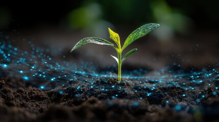A 4K photo of single green sprout growing from the earth with a digital network of blue lines around it.