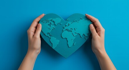 Loving Our Planet: Hands Gently Holding a Heart-Shaped World Map