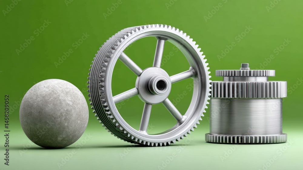 Poster a close-up view of metal gears and a ball showcasing precision engineering against a vibrant green b