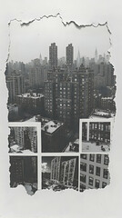 Obraz premium Torn-edge black and white photo collage of a city skyline, showcasing various building perspectives from high above