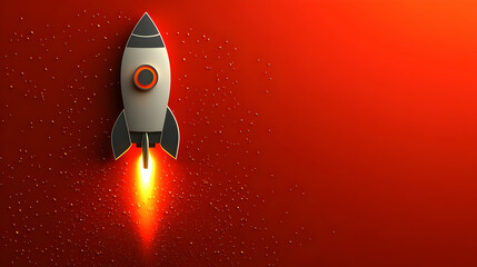 Stylized rocket launching against a vibrant red backdrop
