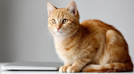 A close-up view of an orange tabby cat sitting gracefully on a smooth surface, showcasing its adorable features and curious expression.