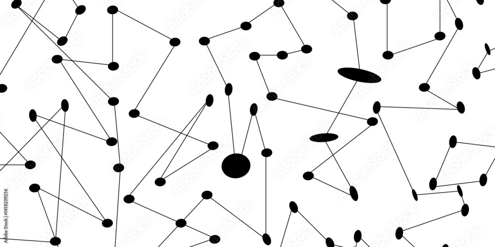 Poster a network of black dots connected by lines scattered across a white background in an abstract design