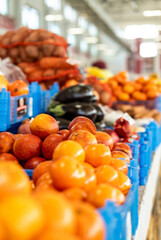 Organic vegetables. Healthy products from farmers market. Boxes with delicious fresh vegetables. Healthy food for diet. Various vegetables in baskets.