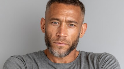 Obraz premium A confident man with a stylish haircut and beard, showcasing a serious expression against a neutral backdrop.