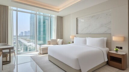 Fototapeta premium Modern hotel suite with panoramic city view. Large windows offer a stunning vista of the cityscape. Light neutral tones create a calming atmosphere. Comfortable bed and seating area are present