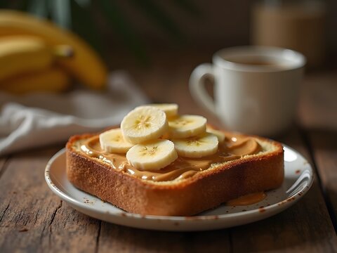 Toast with Peanut Butter and Banana Rounds: A single slice of toast spread with creamy peanut butter and topped with banana slices, captured close-up with a dreamy dark blurry background.