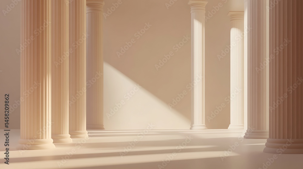 Poster elegant columns and light: a captivating interior scene unfolds, featuring a row of classical column