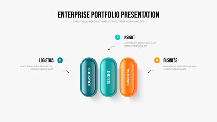 Sales Review Three Step Diagram Slide Layout. Consulting Overview 3 Element Infographic Frame Template. Enterprise Showcase Presentation Design Vector Illustration.