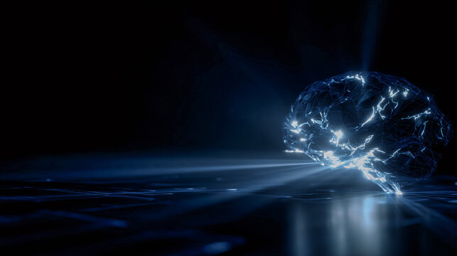 An agentic ai construct with a human brain glowing with electric energy in a futurist style.