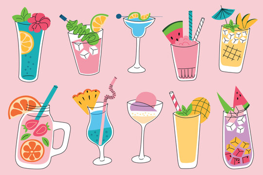 Bright vector illustration of summer cocktails in glassware with fruits, ice, straws. Mocktails icons in flat cartoon style, tropical watermelon, mango drinks for summer design and beverage themes