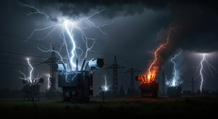 Lightning strikes hitting electrical transformers with one catching fire during severe storm. Power distribution system failure for insurance claims and electrical safety awareness