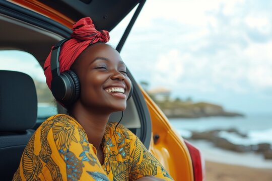 Joyful african woman enjoying music while relaxing by the ocean in a car, Happy african woman listening music in headphones in trunk of car near estuary