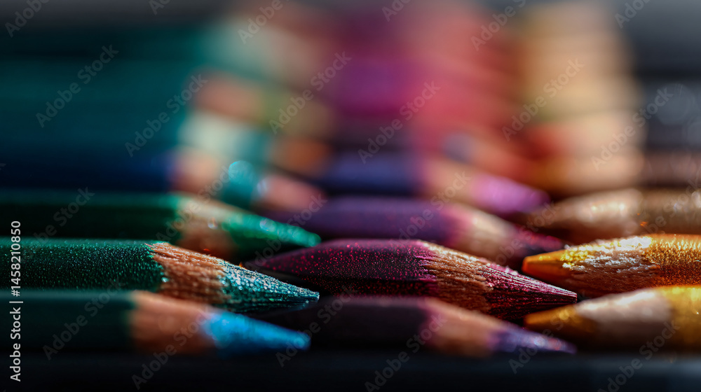 Poster an array of colour pencils with vibrant peak arranged neatly on a surface.