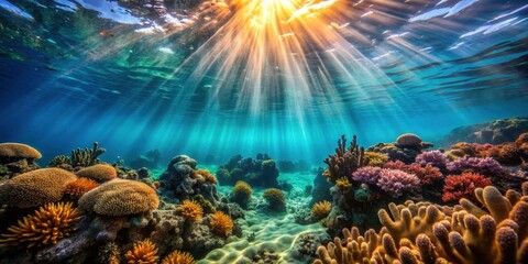 Fototapeta premium underwater scene of coral rocks and seaweed with sunlight filtering through the water, oceanic environment, coral reefs