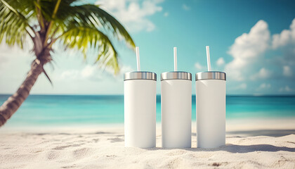 Three 20 oz tumblers with straws on tropical beach