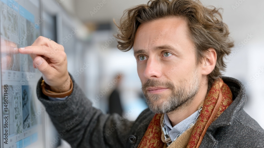 Poster a focused man interacts with a digital display, showcasing a blend of curiosity and technology in a 