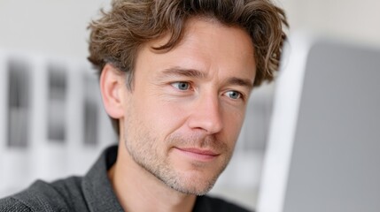 A focused man working on a computer, showcasing concentration and professionalism in a modern office environment.