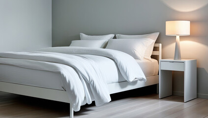 "A luxurious bedroom interior featuring a large bed with elegant bedding, plush pillows, and a stylish upholstered headboard. 