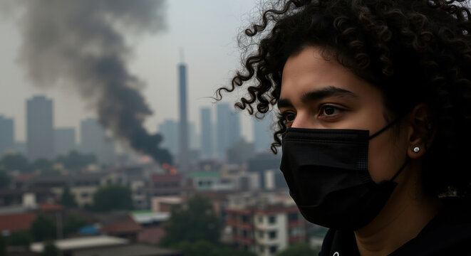 Person with curly hair wearing black face mask against city skyline with smoke and fire. Environmental emergency with air pollution affecting urban areas for respiratory health protection