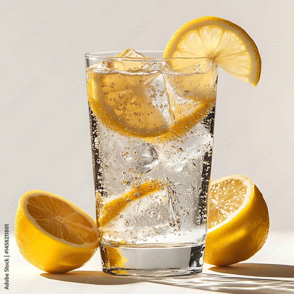 Poster refreshing citrus elixir: a crystal-clear glass of sparkling beverage, adorned with slices of vibran