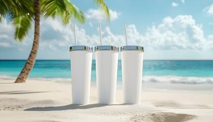 Three 20 oz tumblers with straws on tropical beach