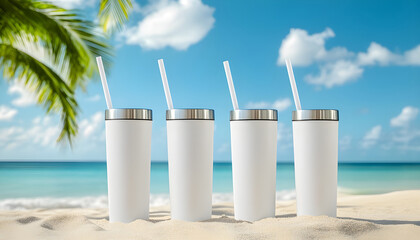 Three 20 oz tumblers with straws on tropical beach