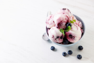 Blueberry yogurt ice cream with mint leaves.