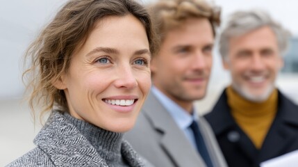 Fototapeta premium A group of professionals smiling together, showcasing teamwork and collaboration in a modern business environment.