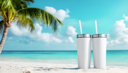 Three 20 oz tumblers with straws on tropical beach