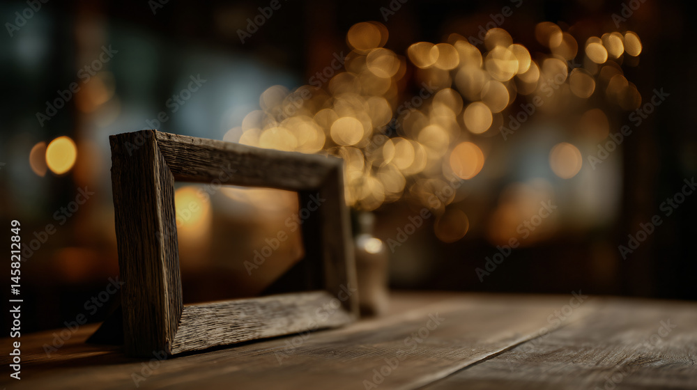 Poster an empty rustic frame placed on a wooden mesa with warm bokeh lights in the backdrop for added charm