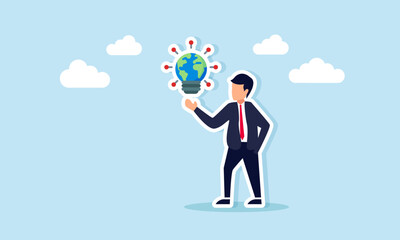 Businessman presenting light from globe with robot-like indicator light ornament illustrating digital business innovation for global scale