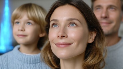 A joyful family moment captured with a woman and child looking up, embodying happiness and connection in a warm atmosphere.